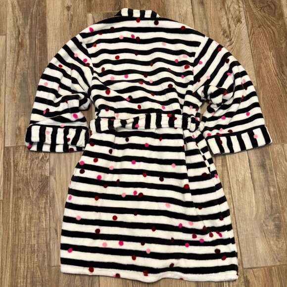 Kate Spade LS Short Robe Black Stripe Confetti Dots Plush Velour Pocket - Picture 4 of 7